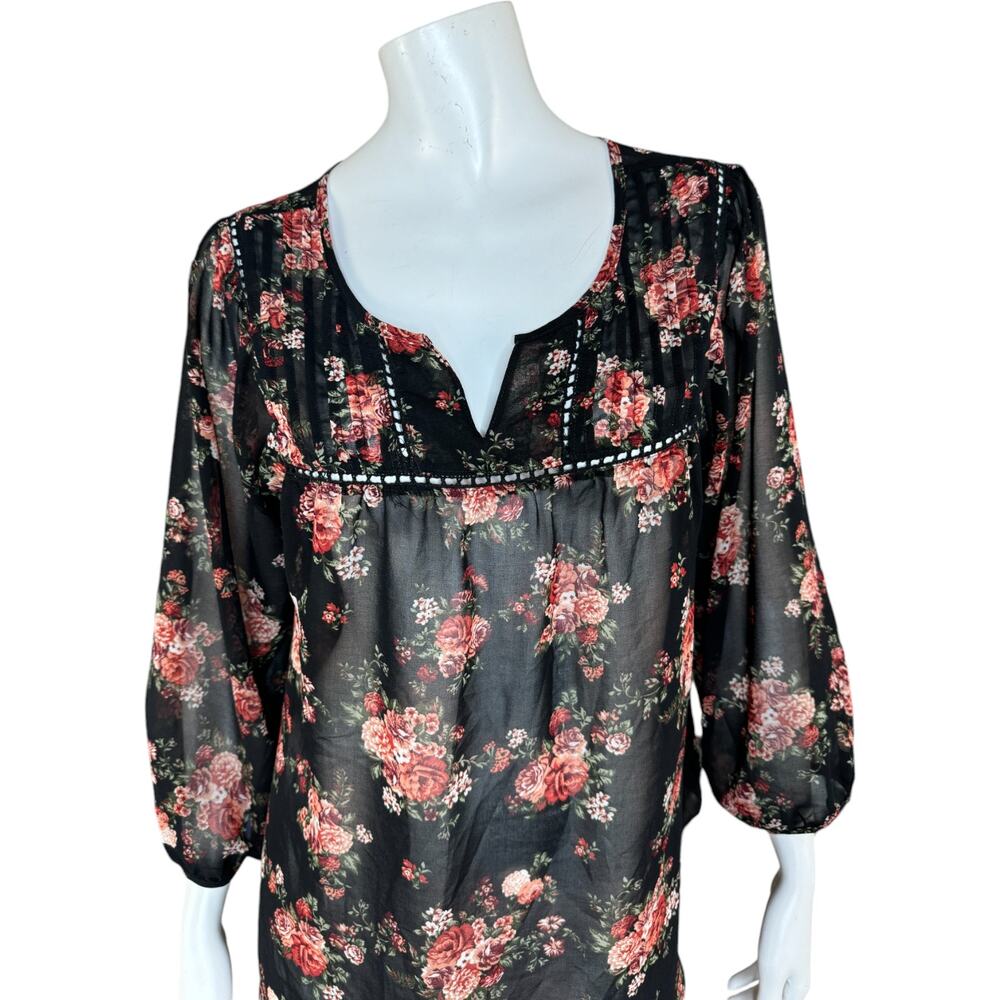 Mine Womens Large Black Floral Sheer 3/4‎ Length Sleeve Blouse - Picture 11 of 15